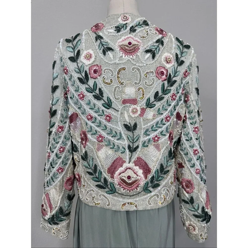 Vintage Richilene Beaded Jacket Silk Slip Dress Set Embroidered Formal XS/ S